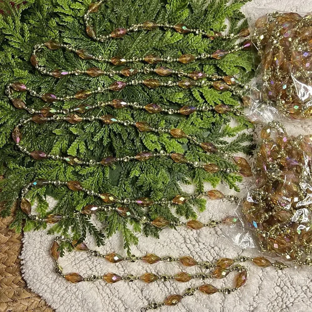 Amber Gold Iridescent Faceted Beaded Garland 24’ (Set of 2, Each 12’) Christmas